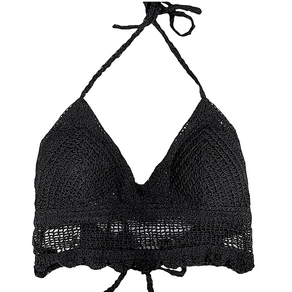 Boho Style Crochet Halter Top Bralette Black - Picture 1 of 13